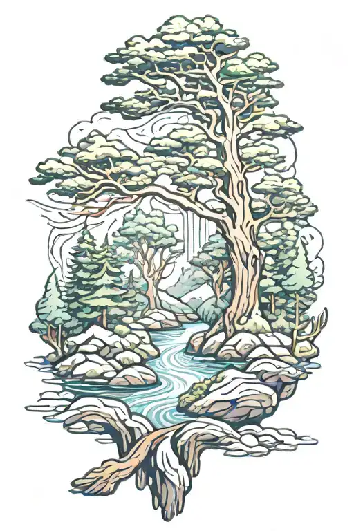 River Through A Thick Pine Forest