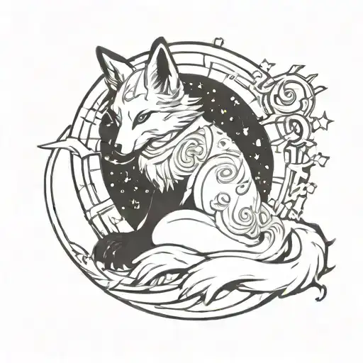 Kitsune Sitting On The Taurus Zodiac On A Starry Night