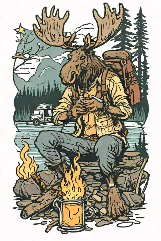 Moose Sitting Camp Fire Drinking Syrup