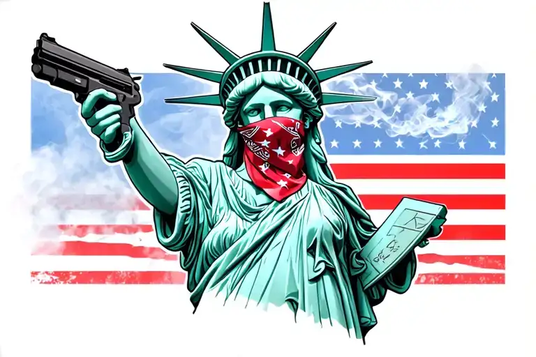 Statue Of Liberty With Bandana Mask Holding A 9 Mm With Smoke Coming Out The Gun