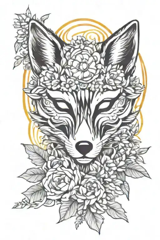 Fox Mask In Flowers Against The Background Of The Sun