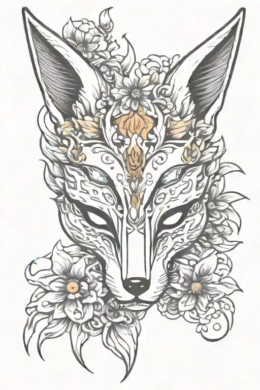 Fox Mask With Lycoris On The Background Of The Sun And Moon