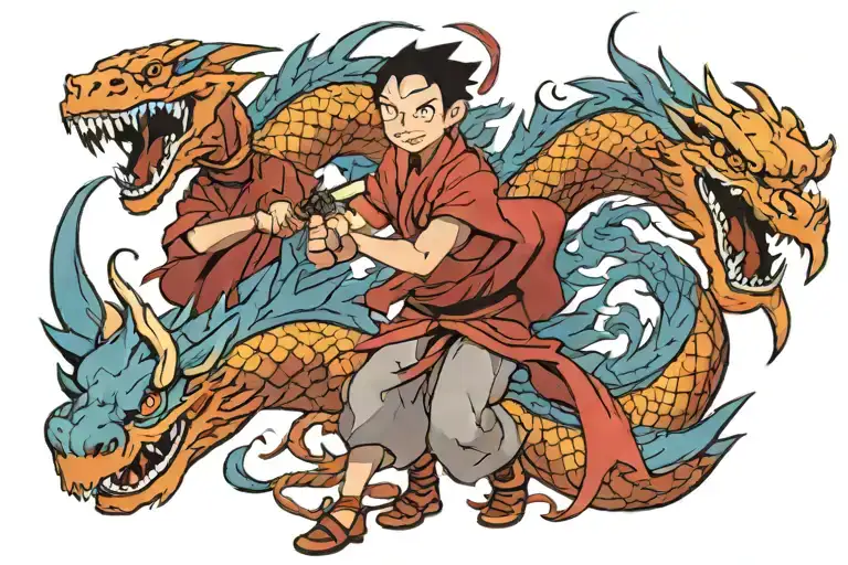 Zuko And Aang Doing The Dragon Dance With Red And Blue Dragons Wrapping Around