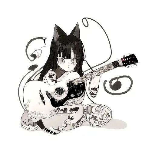 A Black And Grey Tattoo Of A Cat Playing A Guitar With Musical Notes Swirling Around It