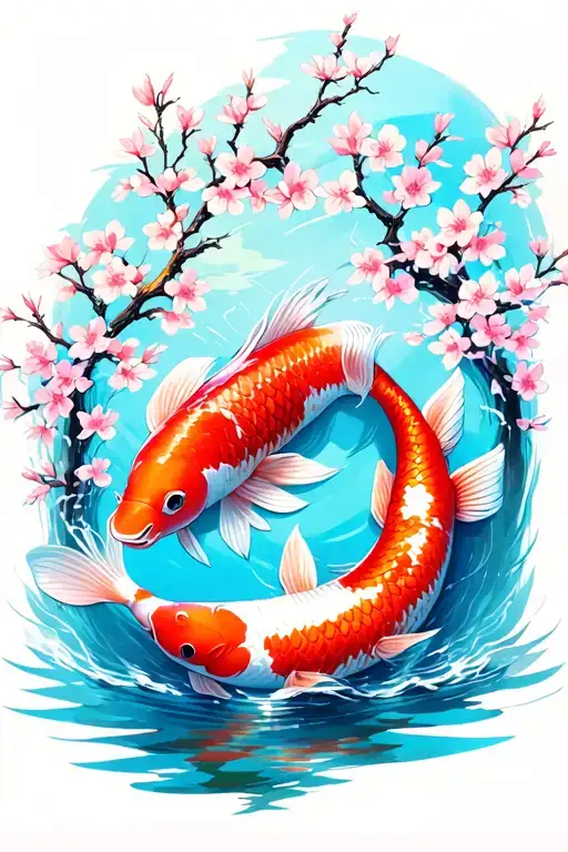 Koi Fishes Cherry Blossom Tree