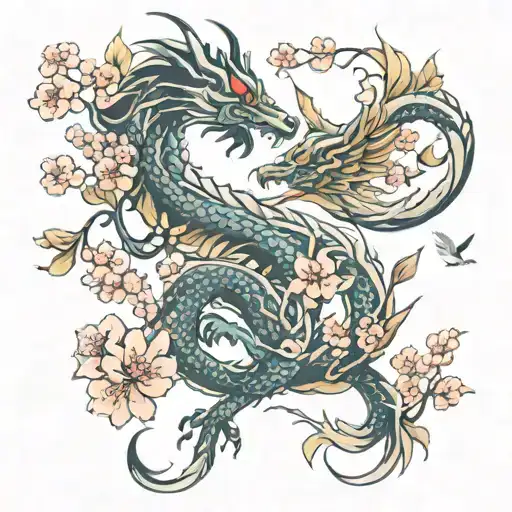 Dragon Mixed With Phoenix With Cherry Blossoms