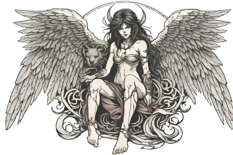 Full Body Dark Angel Holding A Severed Lions Head