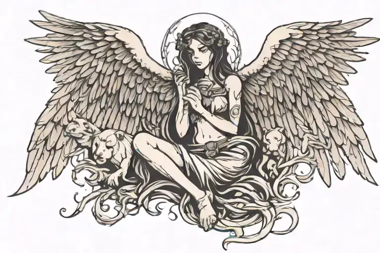 Full Body Dark Angel Holding A Severed Lions Head