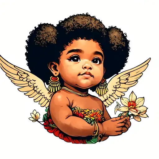 Cherub Tattoo With Two Afro Puffs Full Body With Garments And Bamboo Earrings
