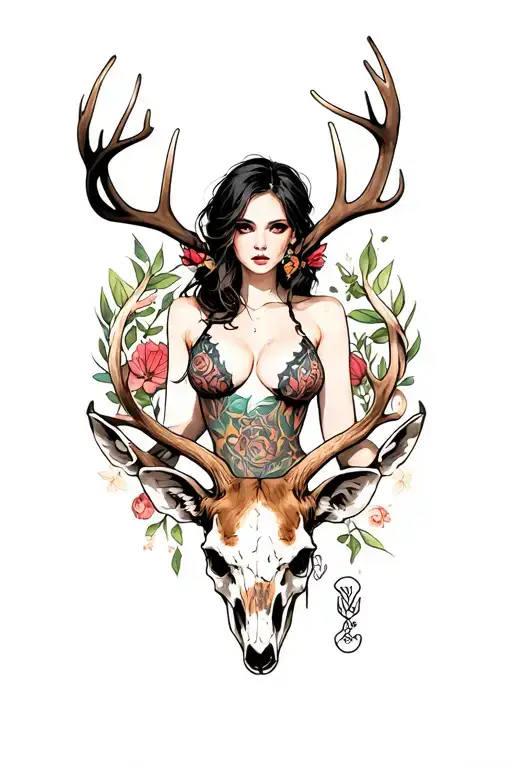 Sexy Woman With Deer Skull Head