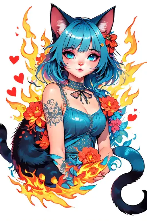 Cat Girl With Flames And Flowers And Hearts