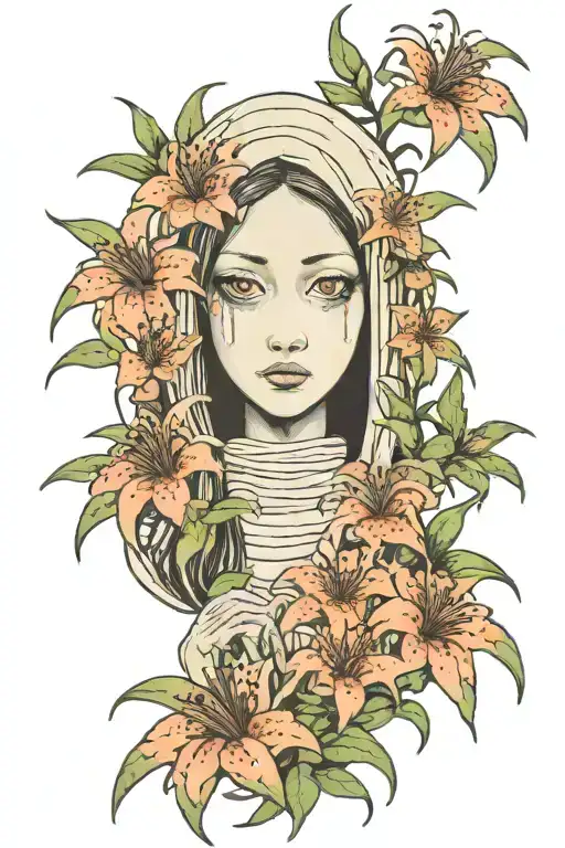 Junji Ito Anime Girl With 2 Faces As Virgin Mary Surrounded By Japanese Spider Lilies