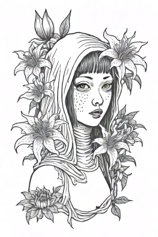 Junji Ito Anime Girl With 2 Faces As Virgin Mary Surrounded By Japanese Spider Lilies