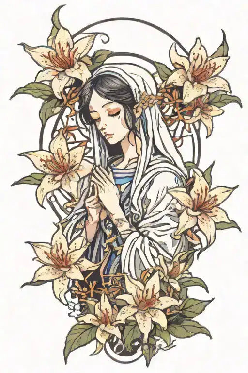 Anime Girl With 2 Faces As Virgin Mary Surrounded By Japanese Spider Lilies