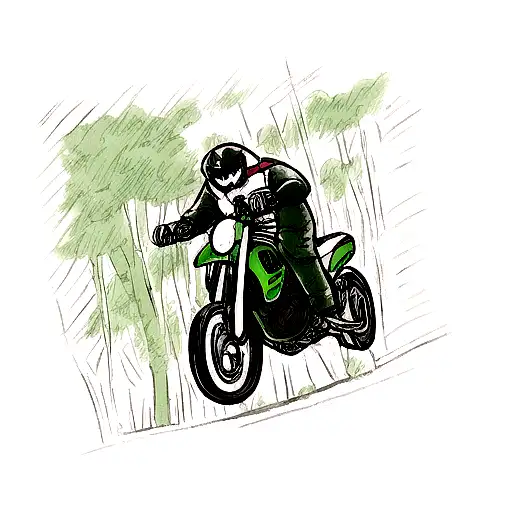 Sport Motorcycle In A Forest With Thunder Wet Tracks
