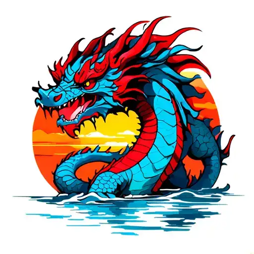 Red And Blue Dragon At Sunset