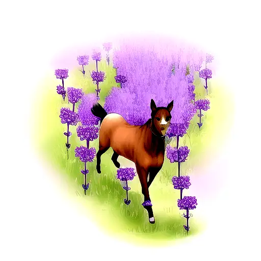 Cat Riding A Horse Through A Field Of Violet Flowers
