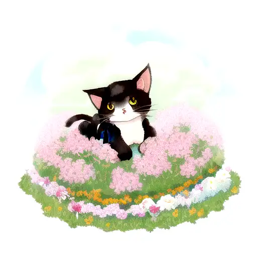 A Lop-eared Cute Cat Sitting On A Cloud Among Flowers