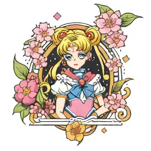 Sailor Moon Surrounded By Cherry Blossom And Crescent Moon
