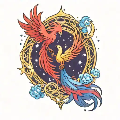 Red And Blue Phoenix Rising Against Purplish Starry Sky