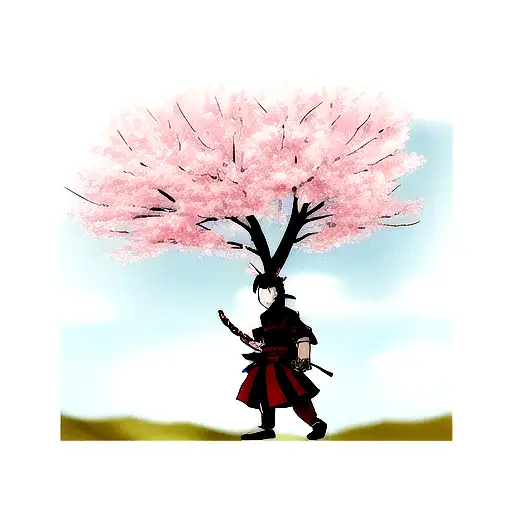 Samurai In Front Of A Sakura Tree