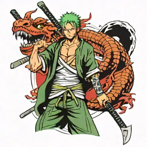 Roronoa Zoro With 3 Of His Swords And A Dragon Wrapped