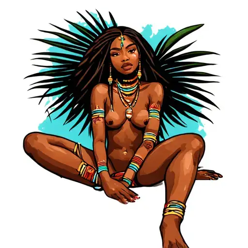 Topless African Tribe Woman Sitting