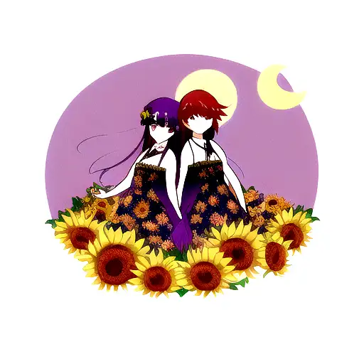 Roses And Sunflowers With Dark Purple Background And Sun And Moon