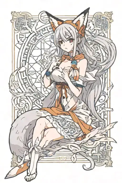 Anime Girl With No Clothes Fox Ears And Tail Holding A Long Scroll