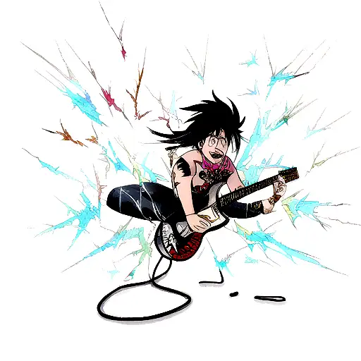 A Tattoo Of Venom Playing The Guitar With Lightning Bolts And Shattered Glass In The Background