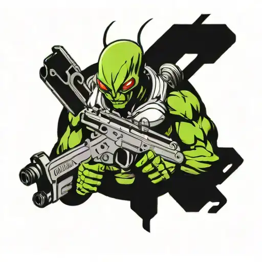 Very Muscular Alien With Big Head And Three Big Eyes Holding An Ar-15