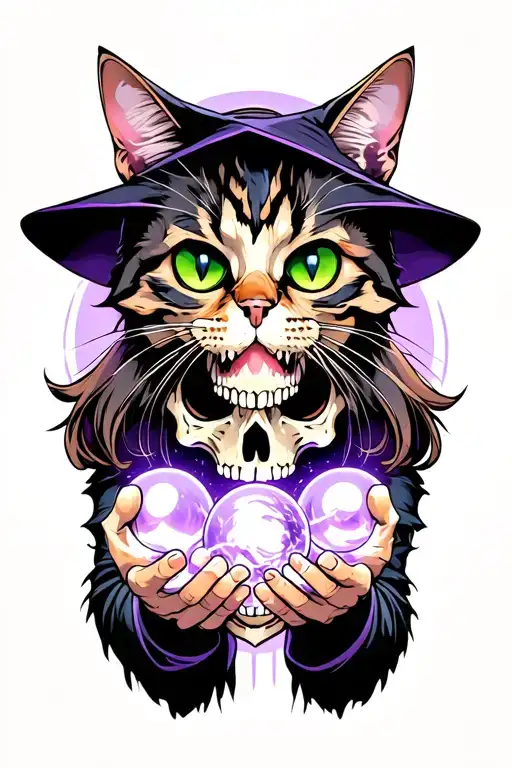 Evil Cat Wizard With Magic Balls In His Hands On The Skull