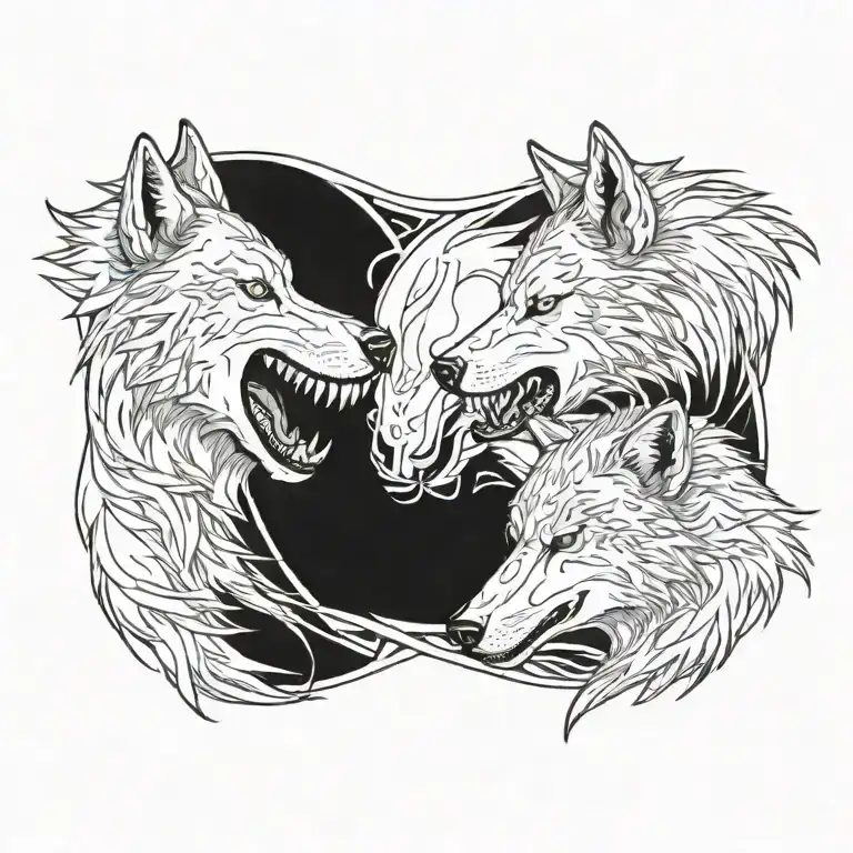 Side Profile Of Two Wolves Snarling At Eachother Face To Face
