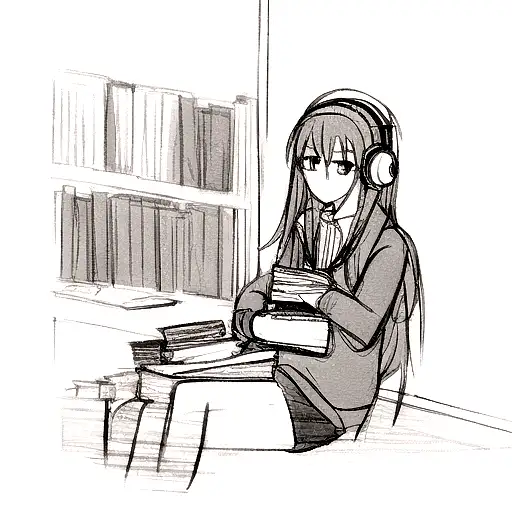 A Black-grey Sketch Of A Student Sitting Alone With A Book And Headphones
