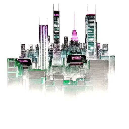 A Cyberpunk Cityscape With Music Waves Flowing Through The Buildings