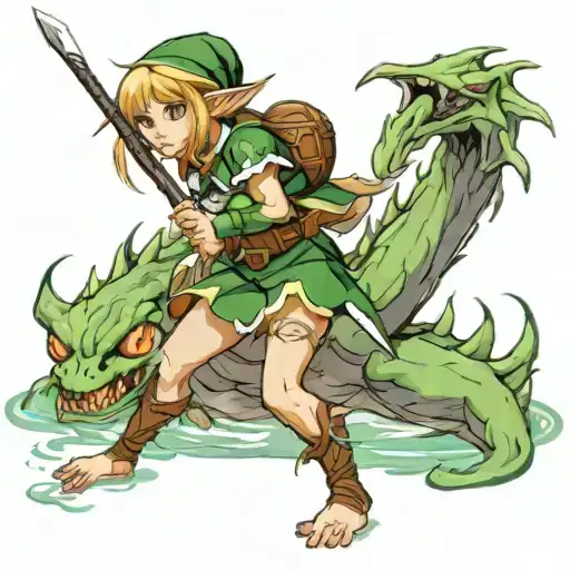 Elf Girl Fighing Monster Emerging From Water