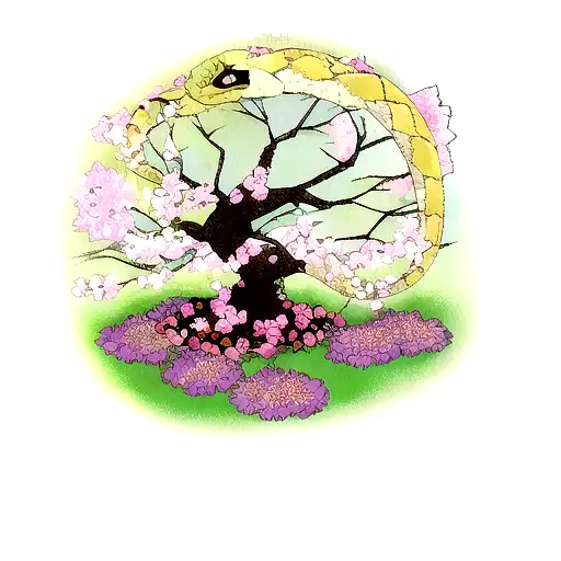 A Snake And A Tree With Flowers