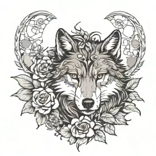 Furry Wolf With Flowers And Moon