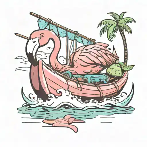 Flamingo Rowing A Raft Made From A Pickle