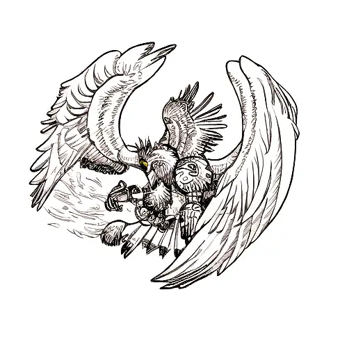 A Tattoo Design With Royal Eagle Wearing Armour Flying