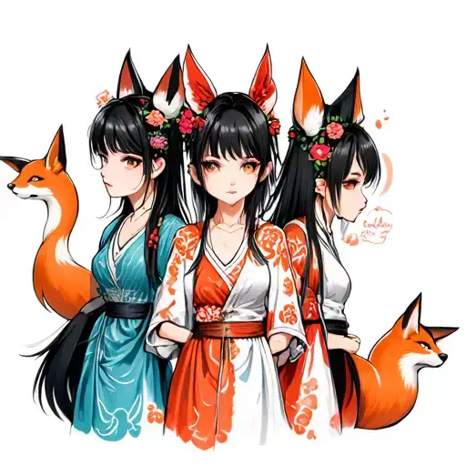 Three Japanese Girls With Three Kitsune Fox