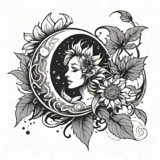 A Large Crescent-shaped Moon Wraps Around The Sunflower Within It