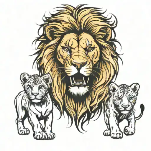 Lion With Lioness Surrounded With 3 Cubs Face Only