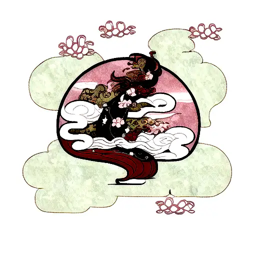 Japanese Dragon Incorporating Traditional Japanese Elements Such As Cherry Blossoms And Waves