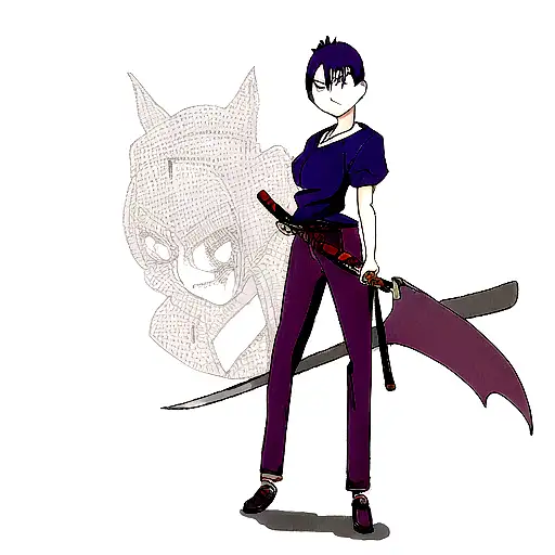 Girl Samurai With A Sword On A Background Of Haunting Bats