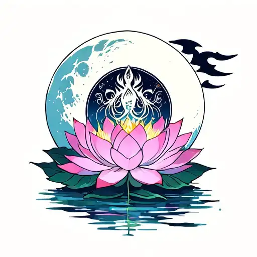 Moon Above A Lotus With Saguitarrius Logo Under It