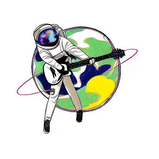 A Cosmic Scene Of An Astronaut Exploring A Planet While Playing A Guitar