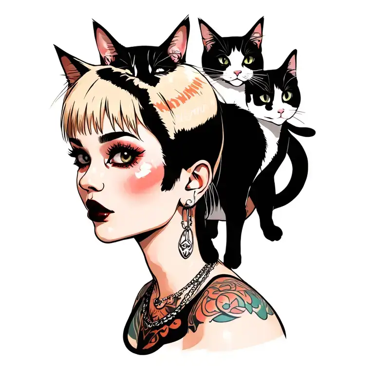 Woman Punk With Gang Of Cats