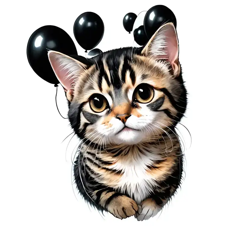 Cat Floating With Black Balloons Floating
