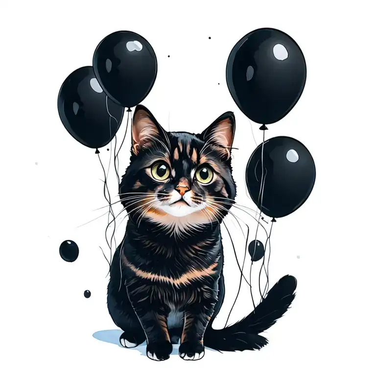 Cat Floating With Black Balloons Floating